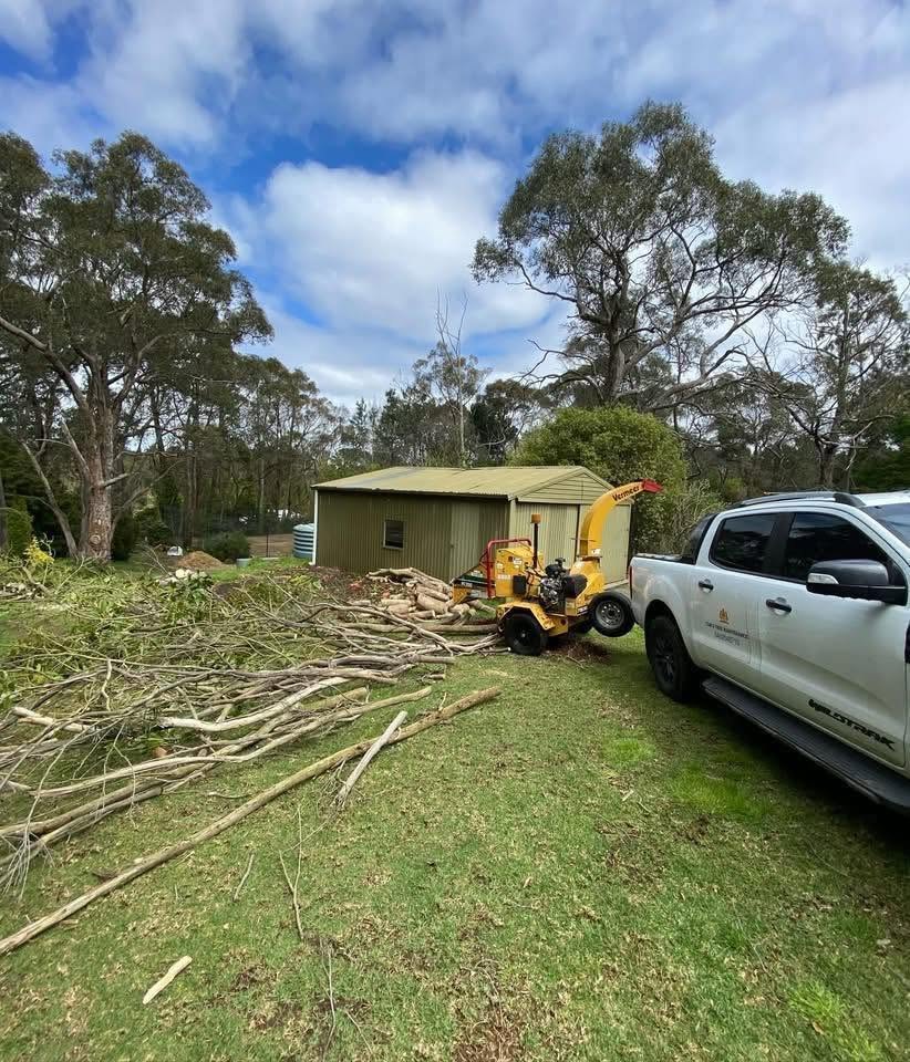 Tom’s ute and wood chipper on a grassy block with a pile of cut branches